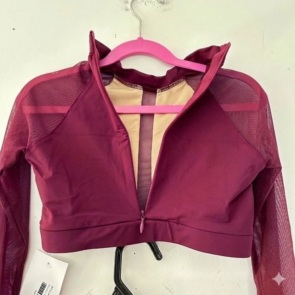 CM Baltogs Burgundy Mesh Long Sleeve Crop Top and High Waist Briefs Set
